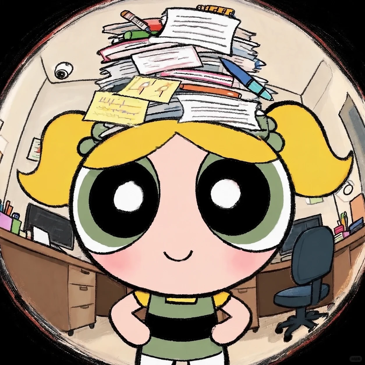 Illustration of a smiling girl with a tall stack of finished papers on her head, seen through a fisheye lens